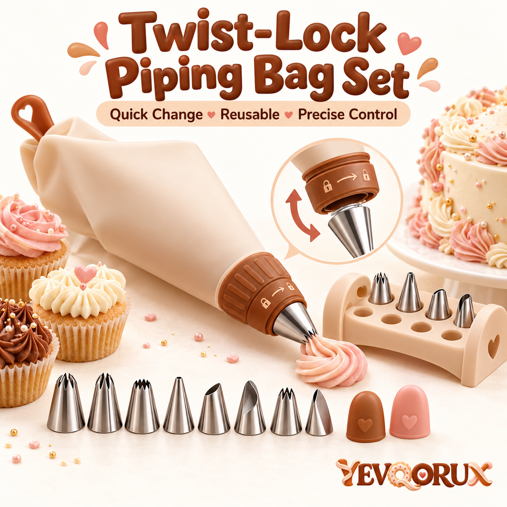 YEVQORUX Twist-Lock Reusable Piping Bag Set with 8 Icing Tips, Quick-Change Coupler & Tip Stand for Cake Decorating