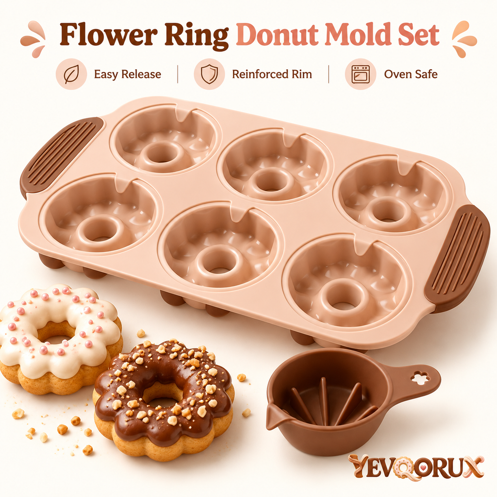 YEVQORUX 6-Cavity Flower Donut Silicone Baking Mold Set with Drizzle Cup - Cake Donut Pan