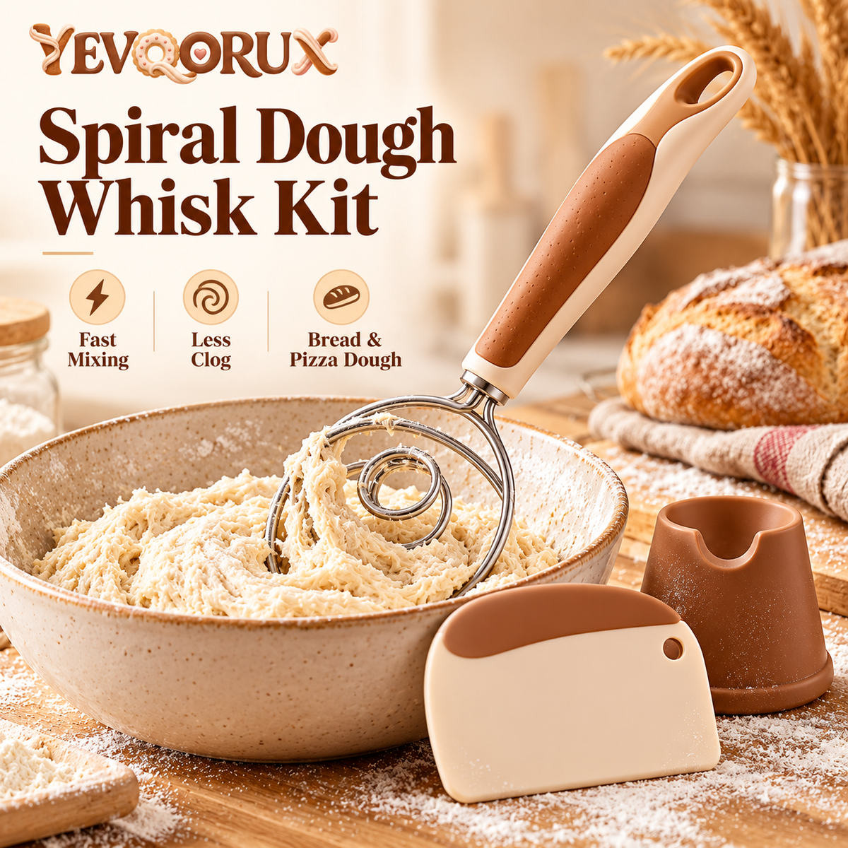 YEVQORUX Danish Dough Whisk Kit with Bowl Scraper & Rest – Handheld Bread Dough Mixer for Sourdough, Pizza and Pastry