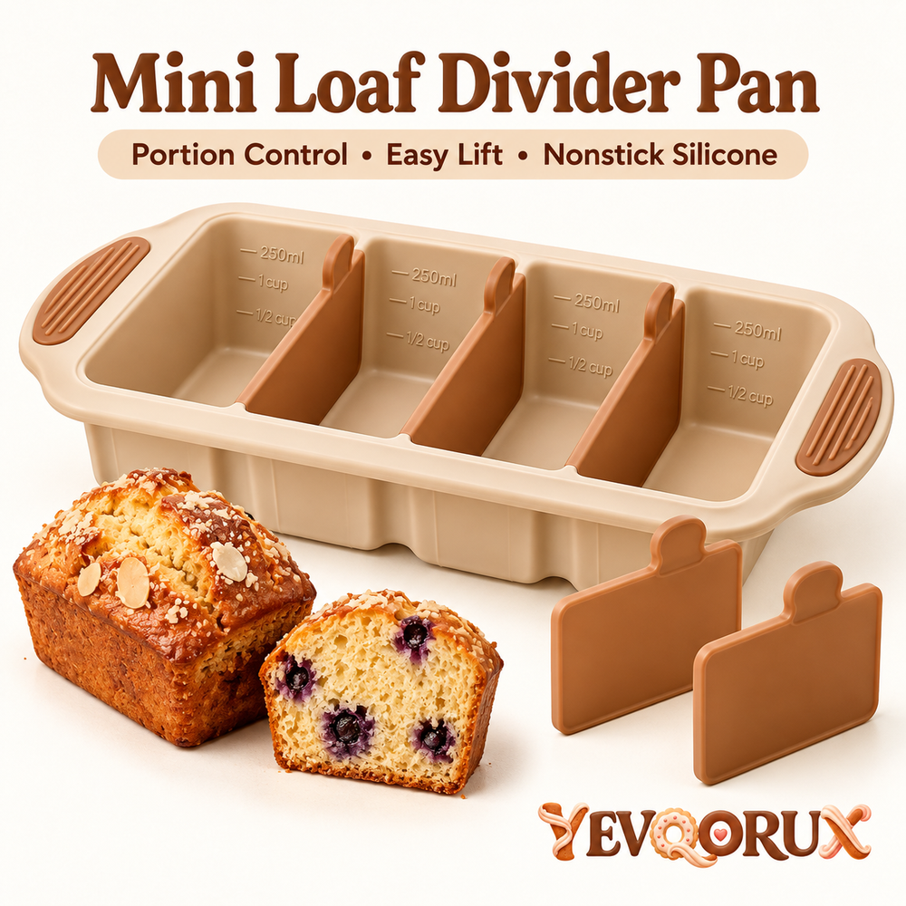 YEVQORUX 4-Cavity Mini Loaf Silicone Baking Pan with Removable Dividers - Small Bread & Quick Bread Mold