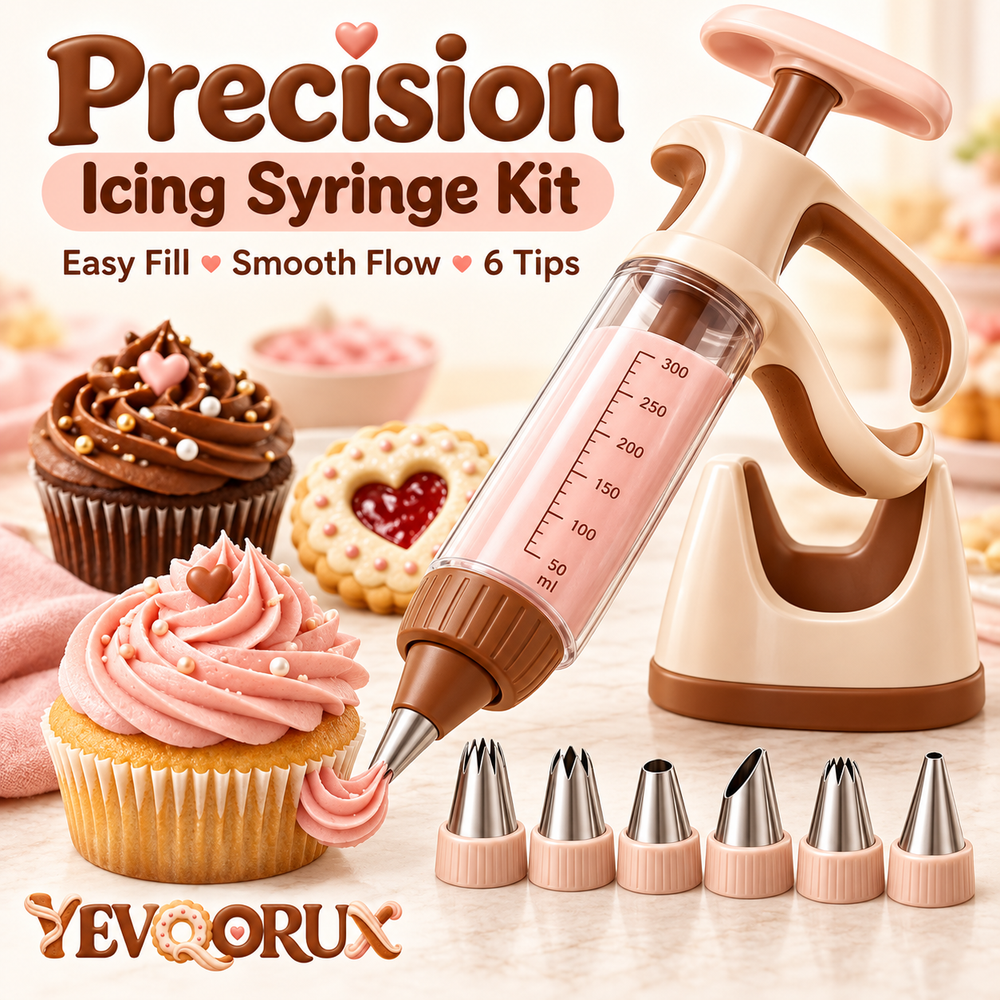 YEVQORUX Manual Icing Syringe Decorating Kit with 6 Piping Tips, Easy-Grip Frosting Dispenser & Stand for Cupcakes and Cookies