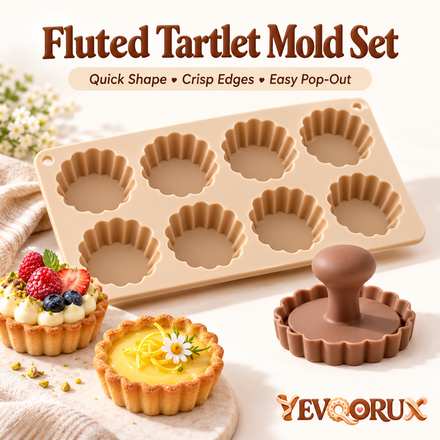 YEVQORUX 8-Cavity Fluted Tartlet Silicone Mold Set with Pastry Press - Mini Tart & Pie Shell Pan