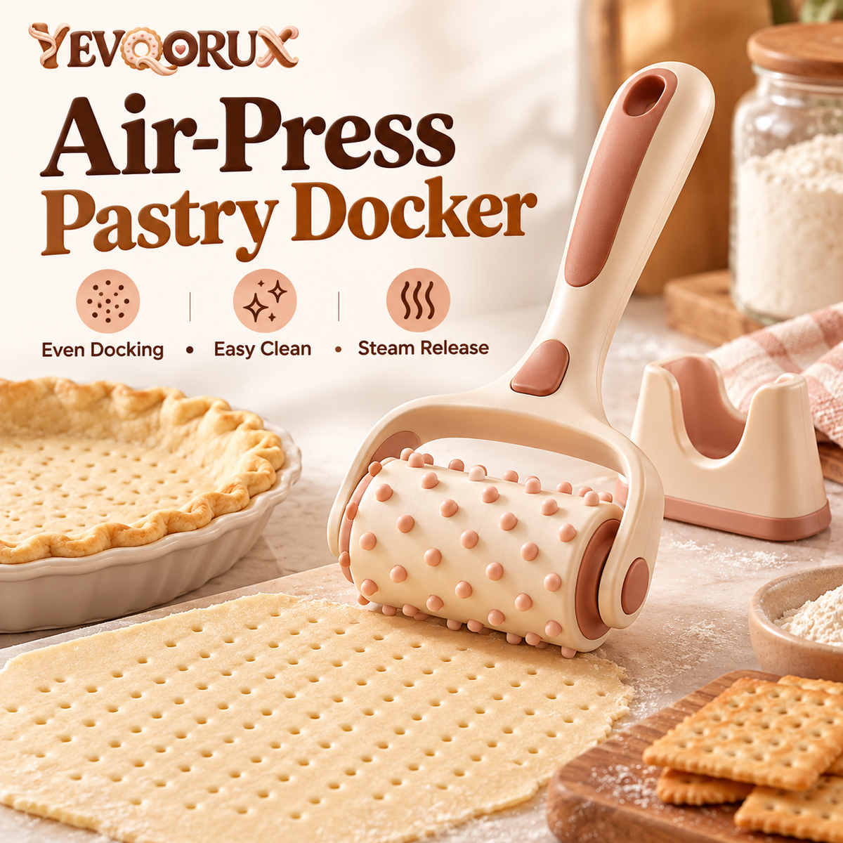 YEVQORUX Pastry Docker Roller with Easy-Grip Handle & Stand – Manual Dough Docking Tool for Pie Crust, Crackers and Flatbread