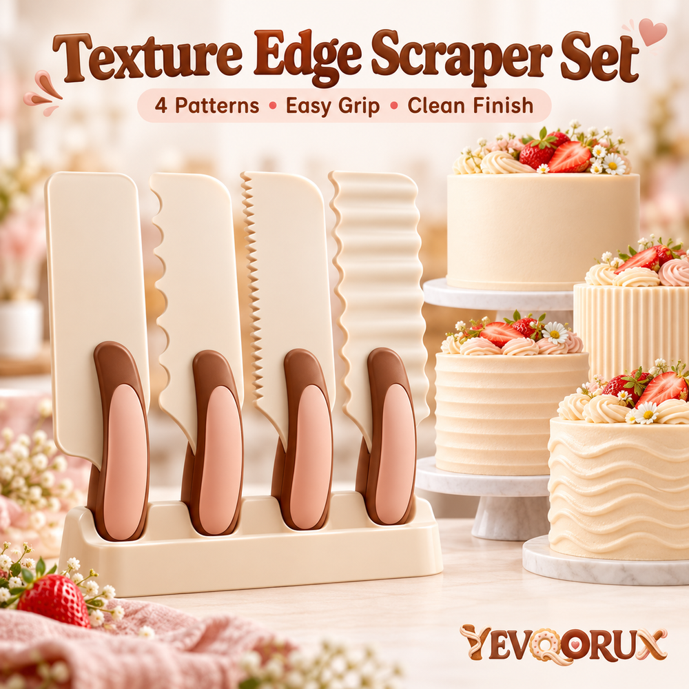 YEVQORUX 4-Piece Cake Scraper and Icing Comb Set with Ergonomic Handles, Buttercream Texture Edges & Storage Stand