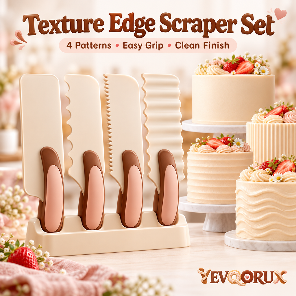 YEVQORUX 4-Piece Cake Scraper and Icing Comb Set with Ergonomic Handles, Buttercream Texture Edges & Storage Stand