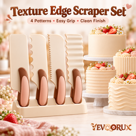 YEVQORUX 4-Piece Cake Scraper and Icing Comb Set with Ergonomic Handles, Buttercream Texture Edges & Storage Stand