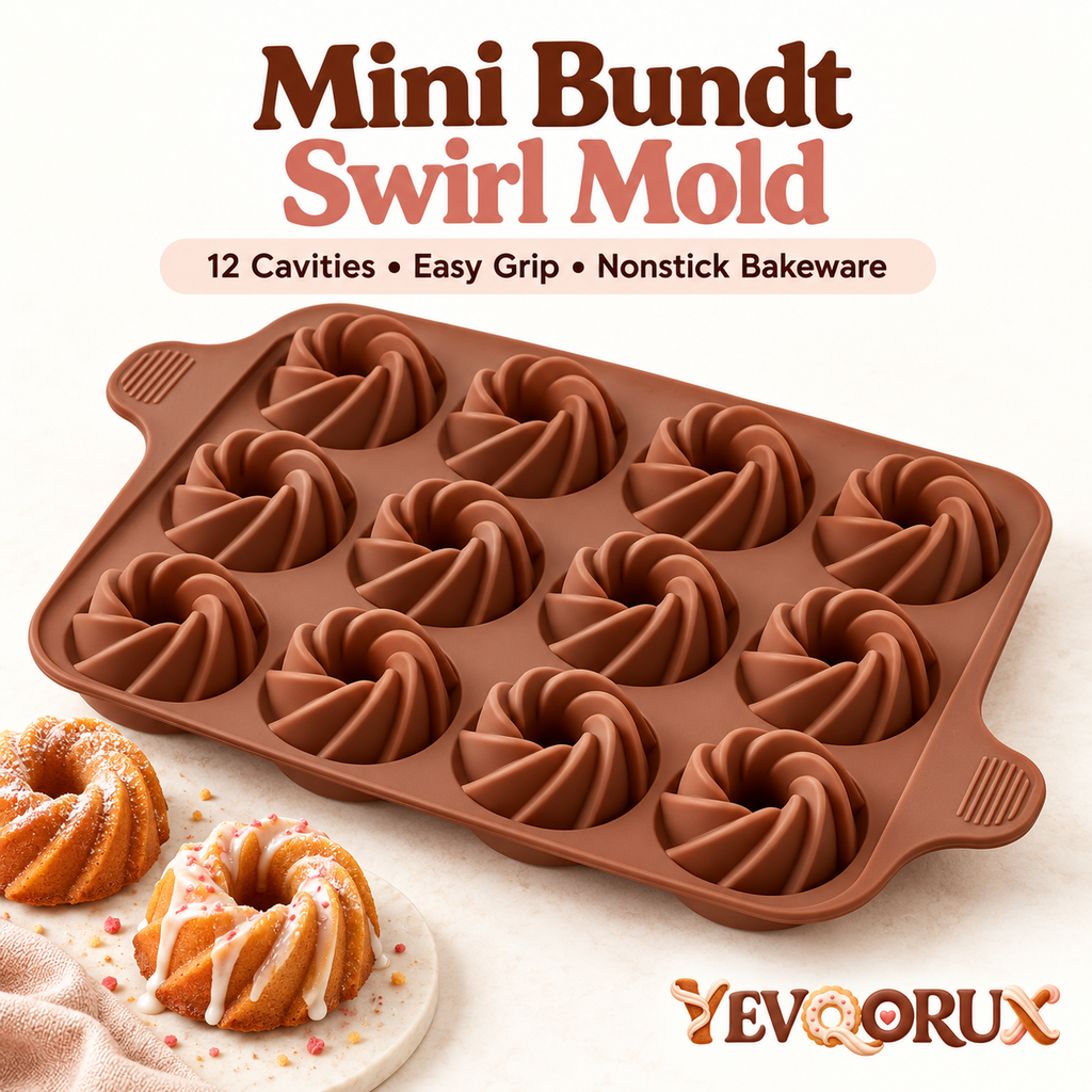 YEVQORUX 12-Cavity Mini Bundt Silicone Cake Mold - Swirl Ring Baking Pan with Easy-Grip Tabs