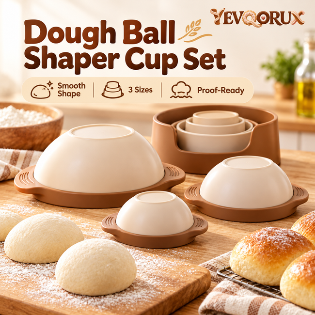 YEVQORUX 3-Size Dough Ball Shaper Cup Set with Nesting Holder – Manual Bread Roll & Pizza Dough Rounding Tools