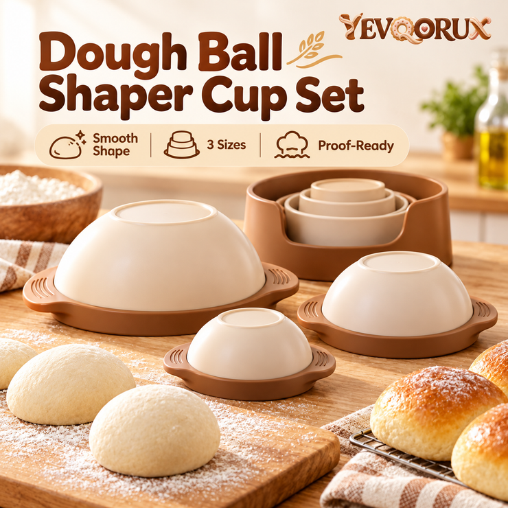 YEVQORUX 3-Size Dough Ball Shaper Cup Set with Nesting Holder – Manual Bread Roll & Pizza Dough Rounding Tools
