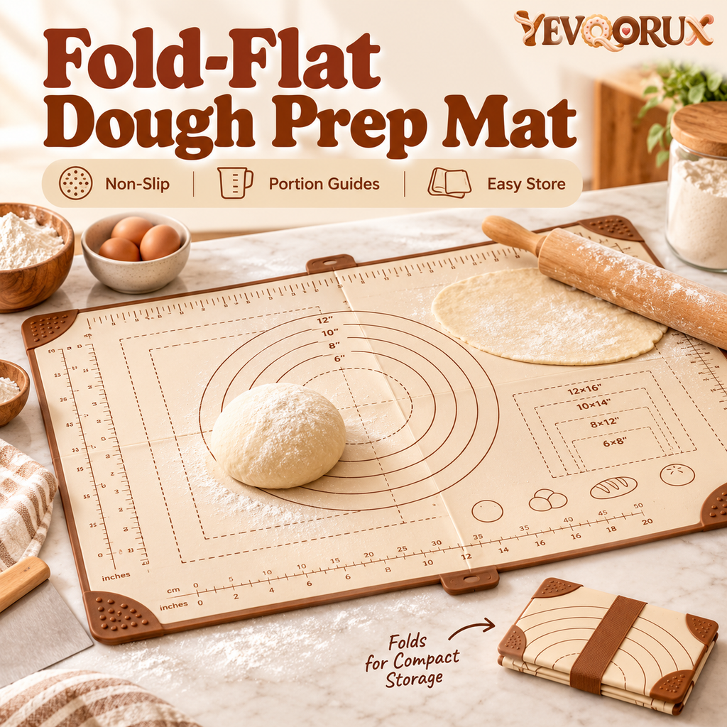 YEVQORUX Foldable Silicone Pastry Mat with Measurement Guides – Non-Slip Dough Rolling & Kneading Mat with Storage Strap