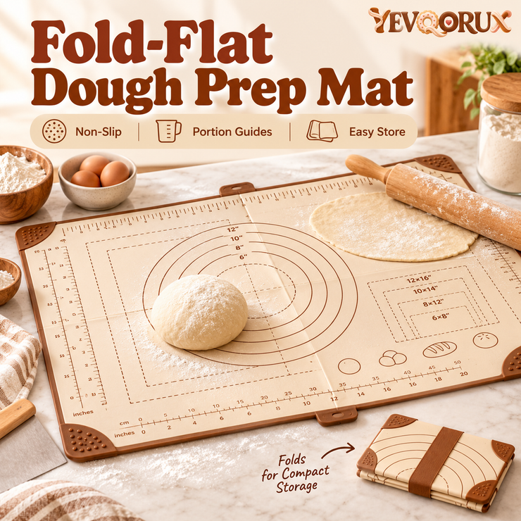 YEVQORUX Foldable Silicone Pastry Mat with Measurement Guides – Non-Slip Dough Rolling & Kneading Mat with Storage Strap