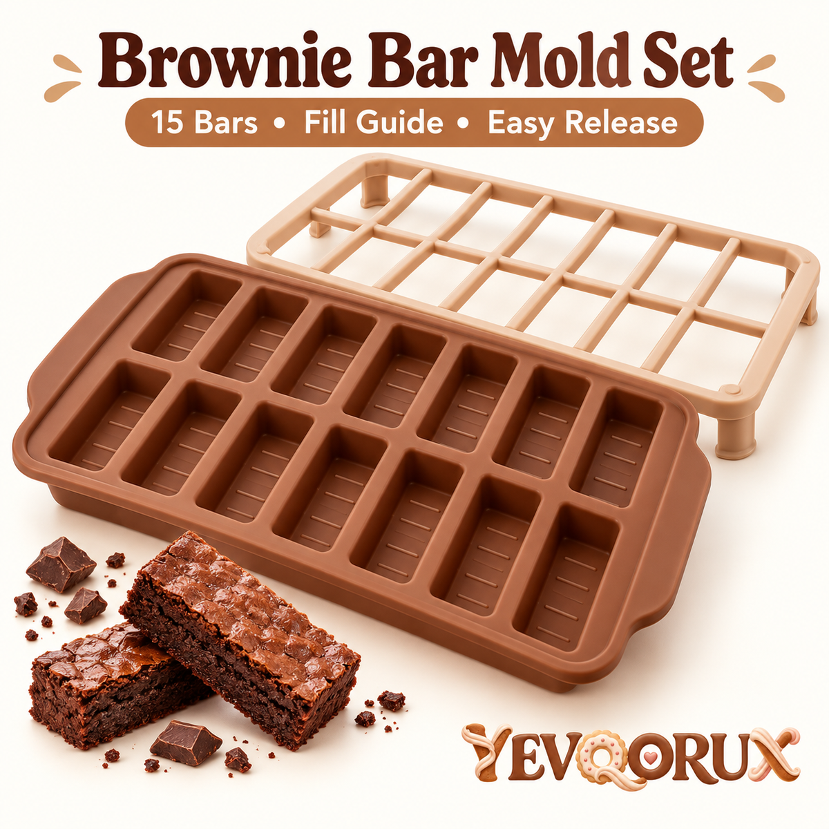 YEVQORUX 15-Cavity Silicone Brownie Bar Mold Set with Fill Guides & Matching Cooling Support Frame