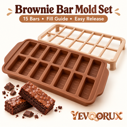 YEVQORUX 15-Cavity Silicone Brownie Bar Mold Set with Fill Guides & Matching Cooling Support Frame