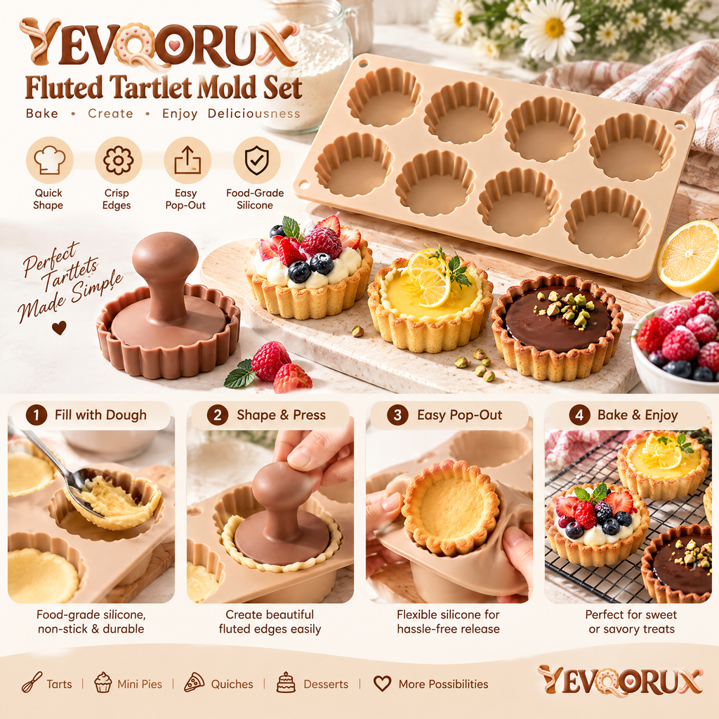 YEVQORUX 8-Cavity Fluted Tartlet Silicone Mold Set with Pastry Press - Mini Tart & Pie Shell Pan