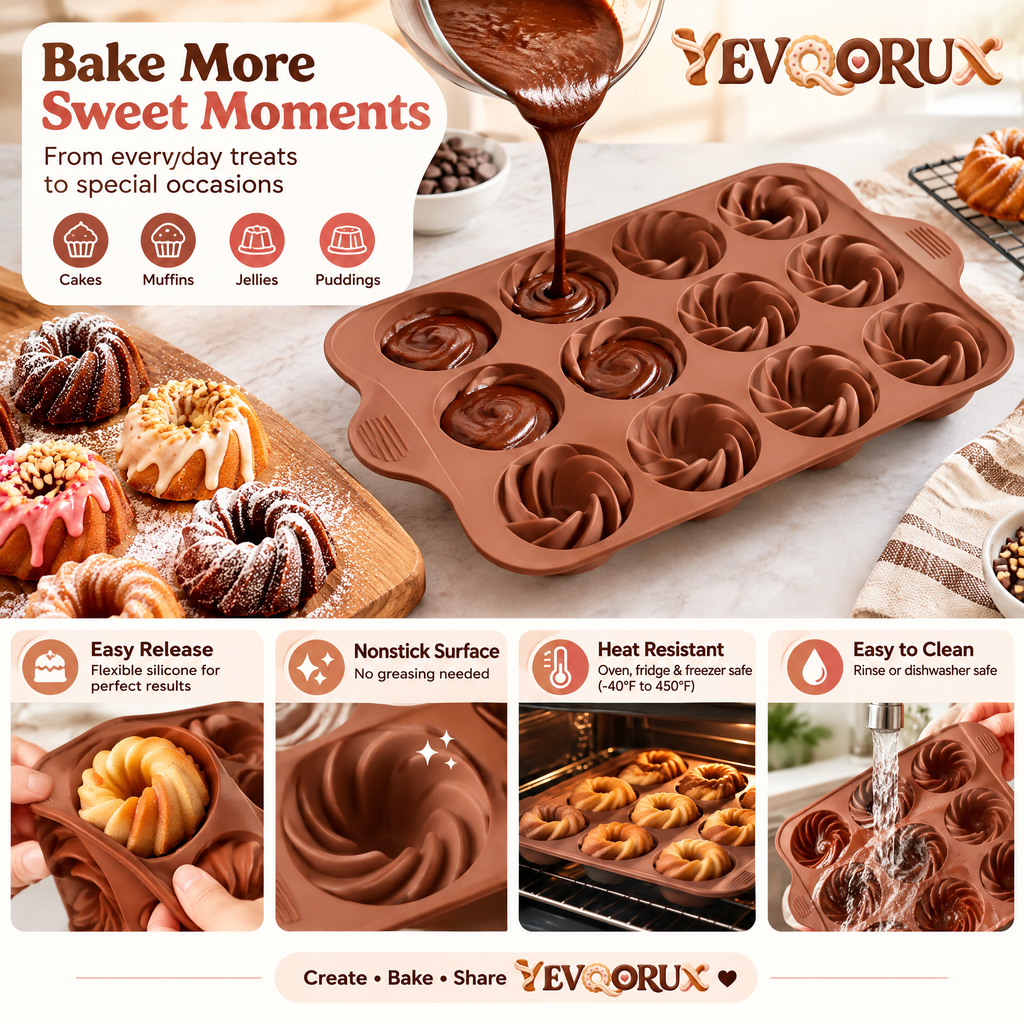 YEVQORUX 12-Cavity Mini Bundt Silicone Cake Mold - Swirl Ring Baking Pan with Easy-Grip Tabs
