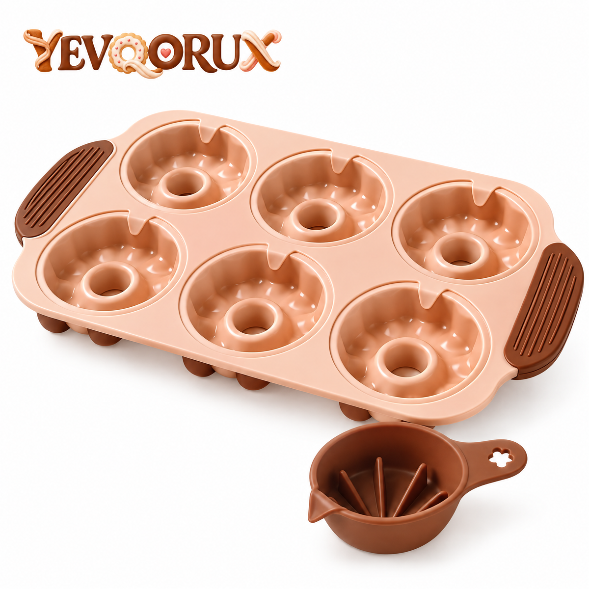 YEVQORUX 6-Cavity Flower Donut Silicone Baking Mold Set with Drizzle Cup - Cake Donut Pan