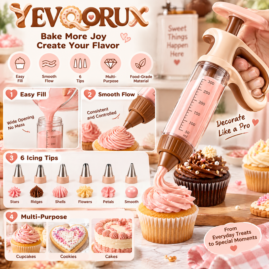 YEVQORUX Manual Icing Syringe Decorating Kit with 6 Piping Tips, Easy-Grip Frosting Dispenser & Stand for Cupcakes and Cookies