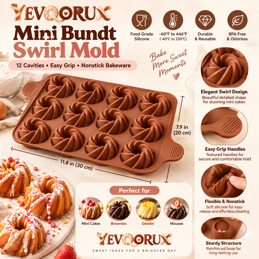 YEVQORUX 12-Cavity Mini Bundt Silicone Cake Mold - Swirl Ring Baking Pan with Easy-Grip Tabs