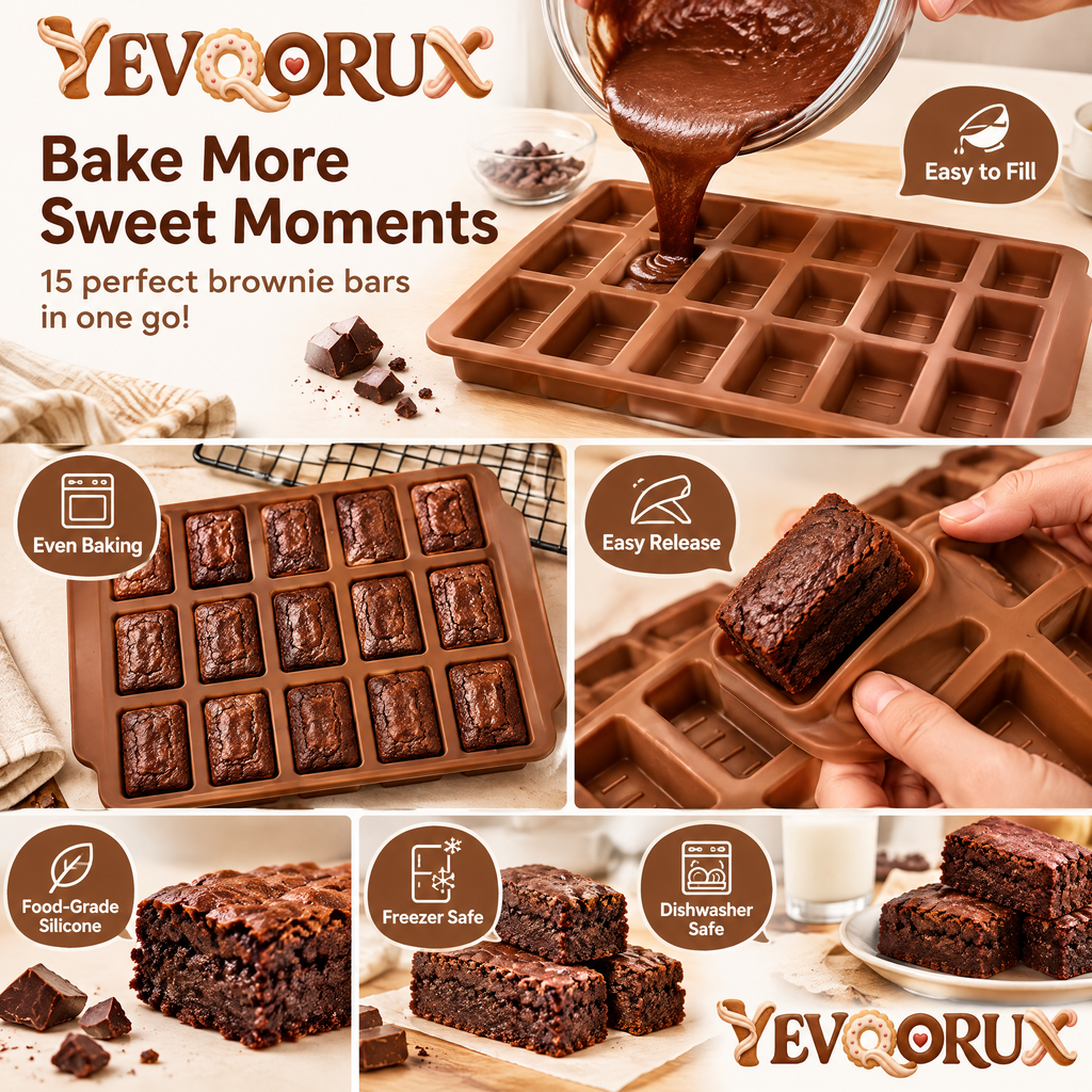 YEVQORUX 15-Cavity Silicone Brownie Bar Mold Set with Fill Guides & Matching Cooling Support Frame