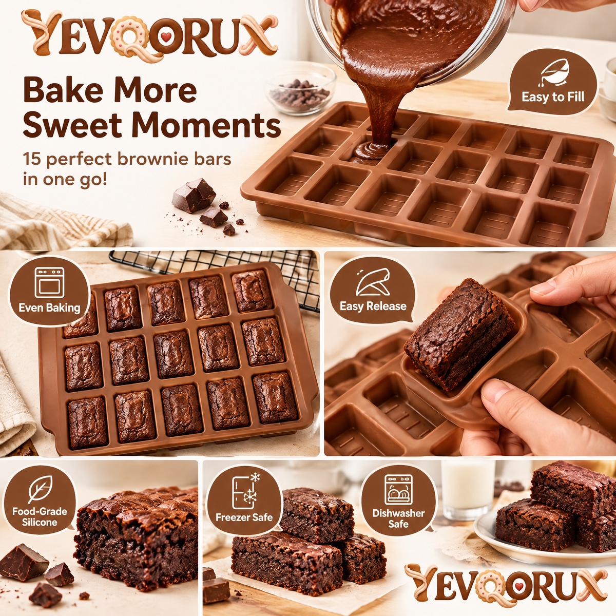 YEVQORUX 15-Cavity Silicone Brownie Bar Mold Set with Fill Guides & Matching Cooling Support Frame