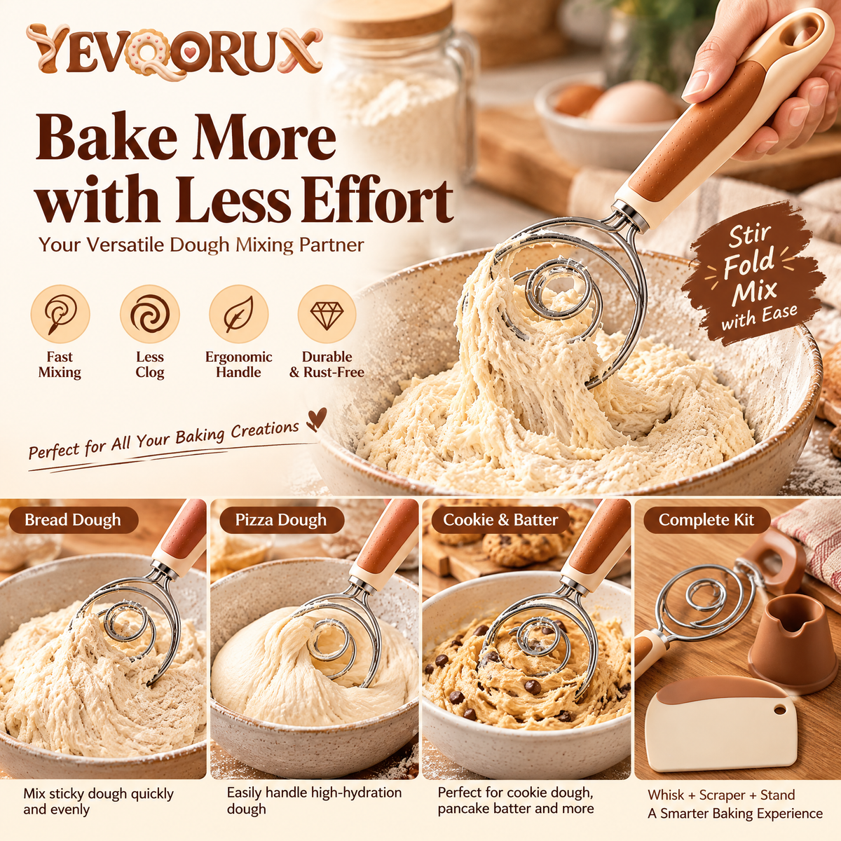 YEVQORUX Danish Dough Whisk Kit with Bowl Scraper & Rest – Handheld Bread Dough Mixer for Sourdough, Pizza and Pastry