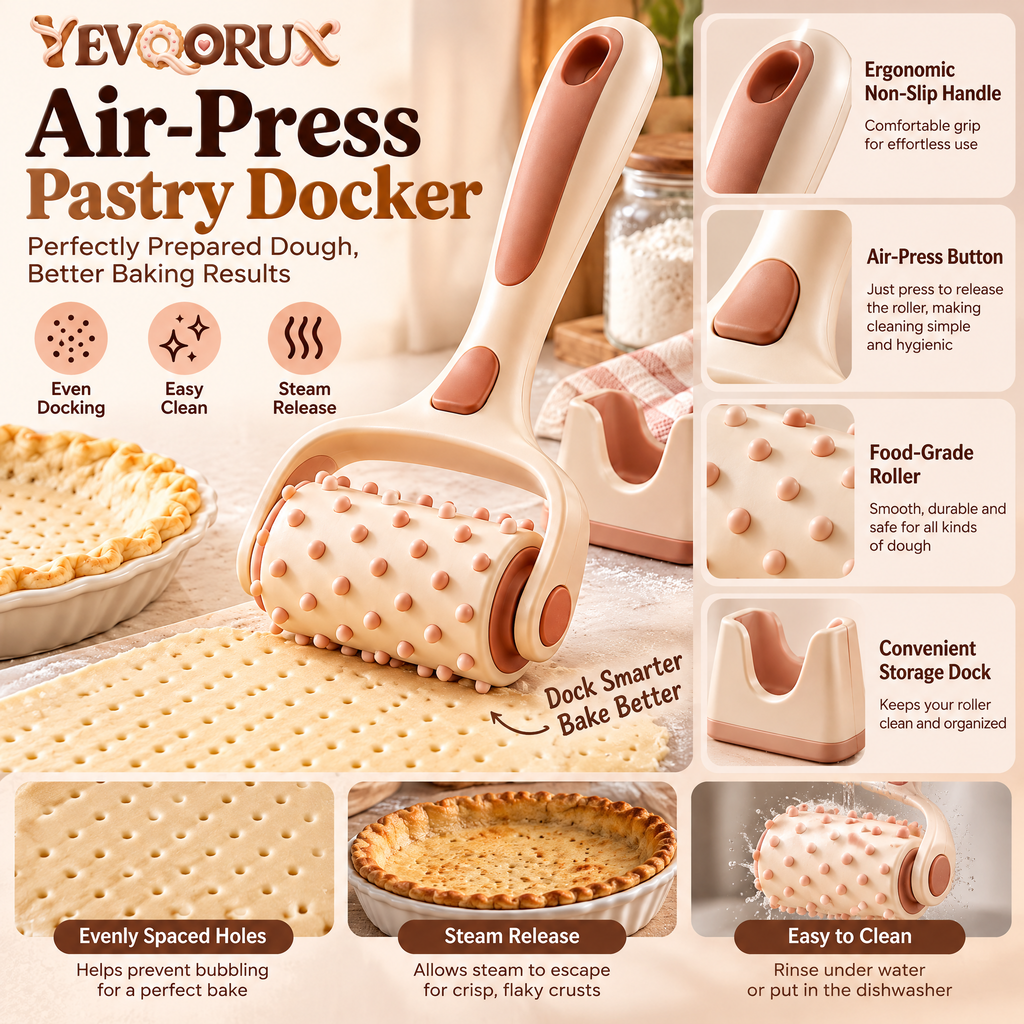 YEVQORUX Pastry Docker Roller with Easy-Grip Handle & Stand – Manual Dough Docking Tool for Pie Crust, Crackers and Flatbread