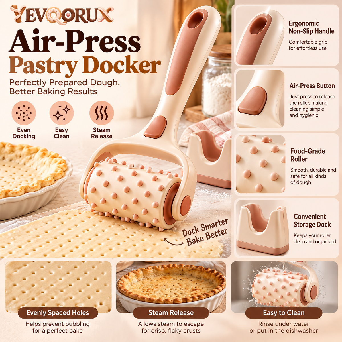 YEVQORUX Pastry Docker Roller with Easy-Grip Handle & Stand – Manual Dough Docking Tool for Pie Crust, Crackers and Flatbread
