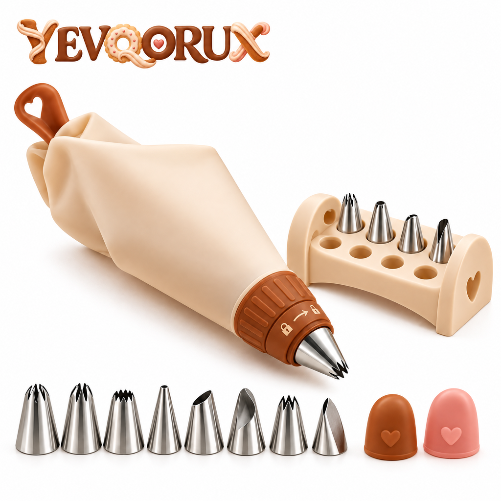YEVQORUX Twist-Lock Reusable Piping Bag Set with 8 Icing Tips, Quick-Change Coupler & Tip Stand for Cake Decorating