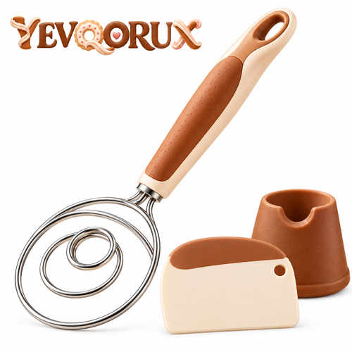 YEVQORUX Danish Dough Whisk Kit with Bowl Scraper & Rest – Handheld Bread Dough Mixer for Sourdough, Pizza and Pastry