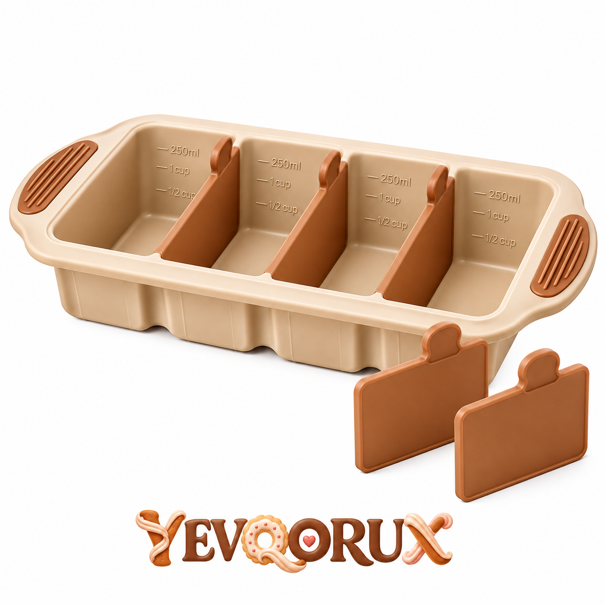 YEVQORUX 4-Cavity Mini Loaf Silicone Baking Pan with Removable Dividers - Small Bread & Quick Bread Mold