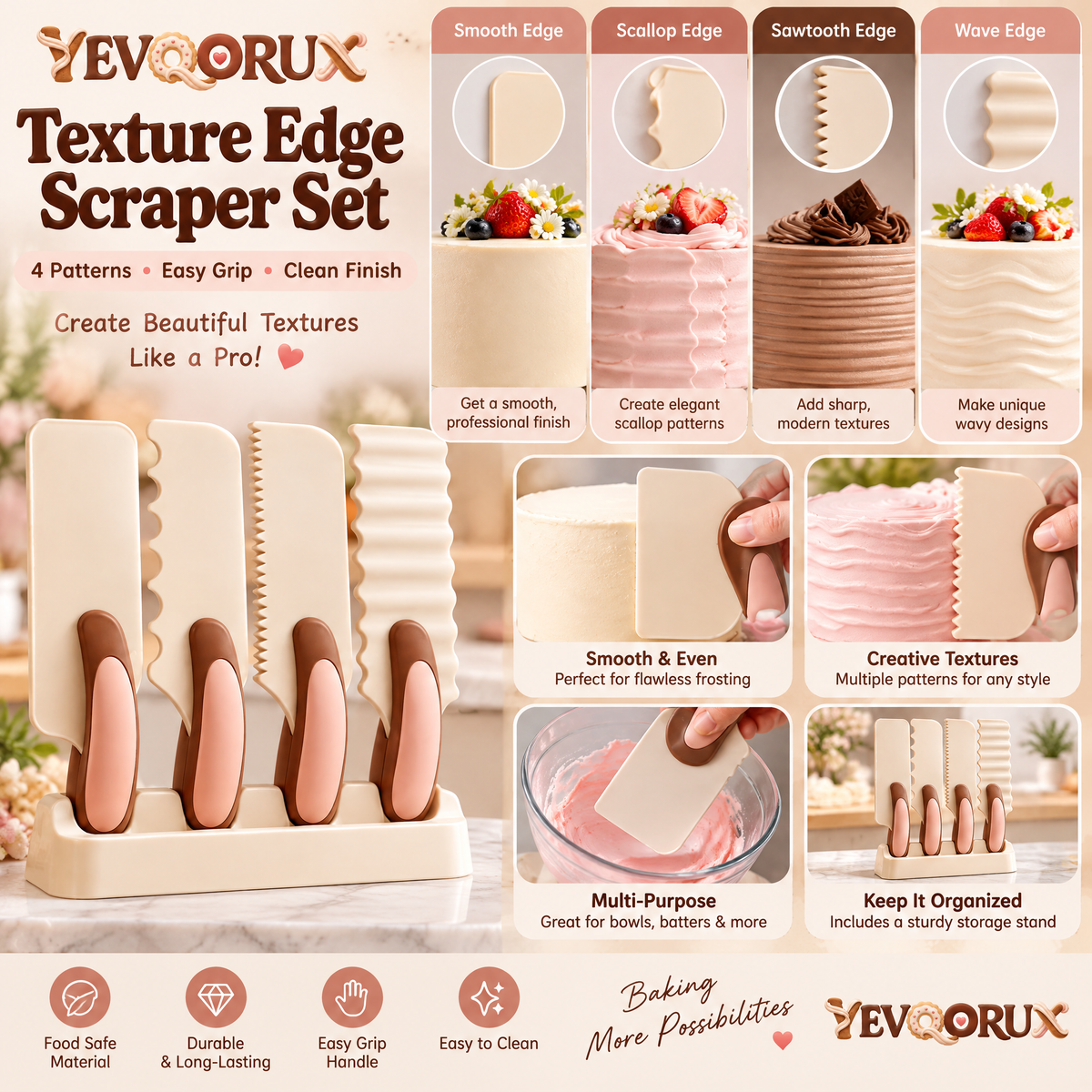 YEVQORUX 4-Piece Cake Scraper and Icing Comb Set with Ergonomic Handles, Buttercream Texture Edges & Storage Stand