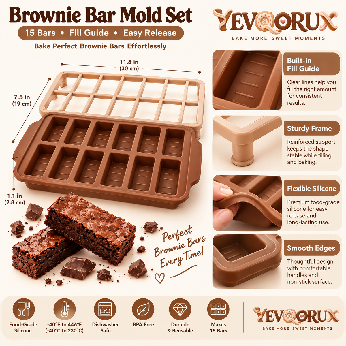 YEVQORUX 15-Cavity Silicone Brownie Bar Mold Set with Fill Guides & Matching Cooling Support Frame