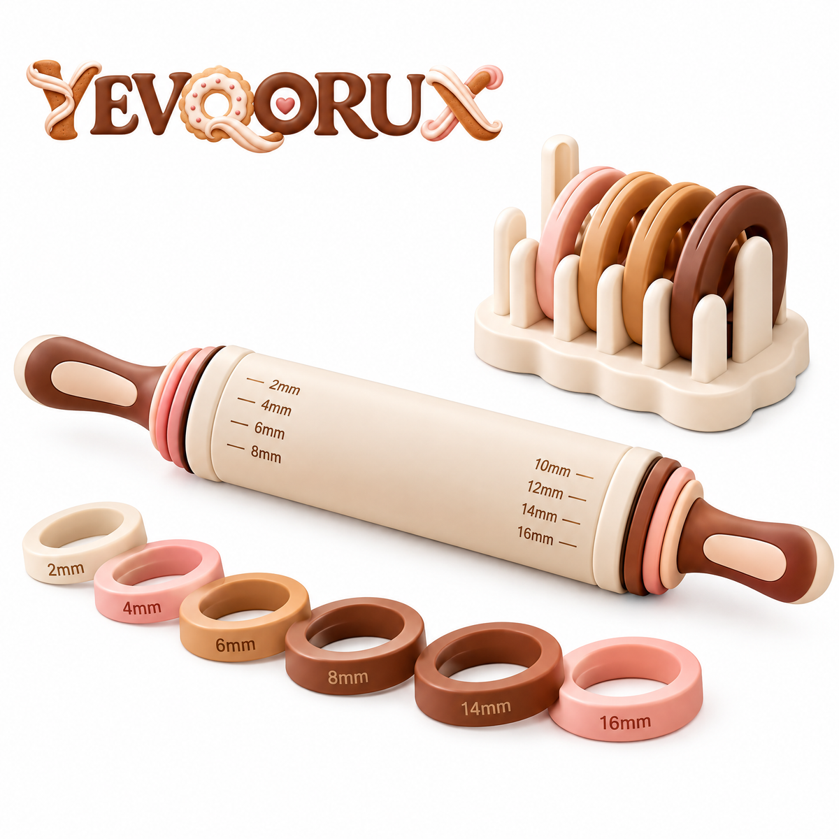 YEVQORUX Adjustable Rolling Pin with Thickness Guide Rings & Holder – Dough Roller for Cookies, Pie Crust and Pastry