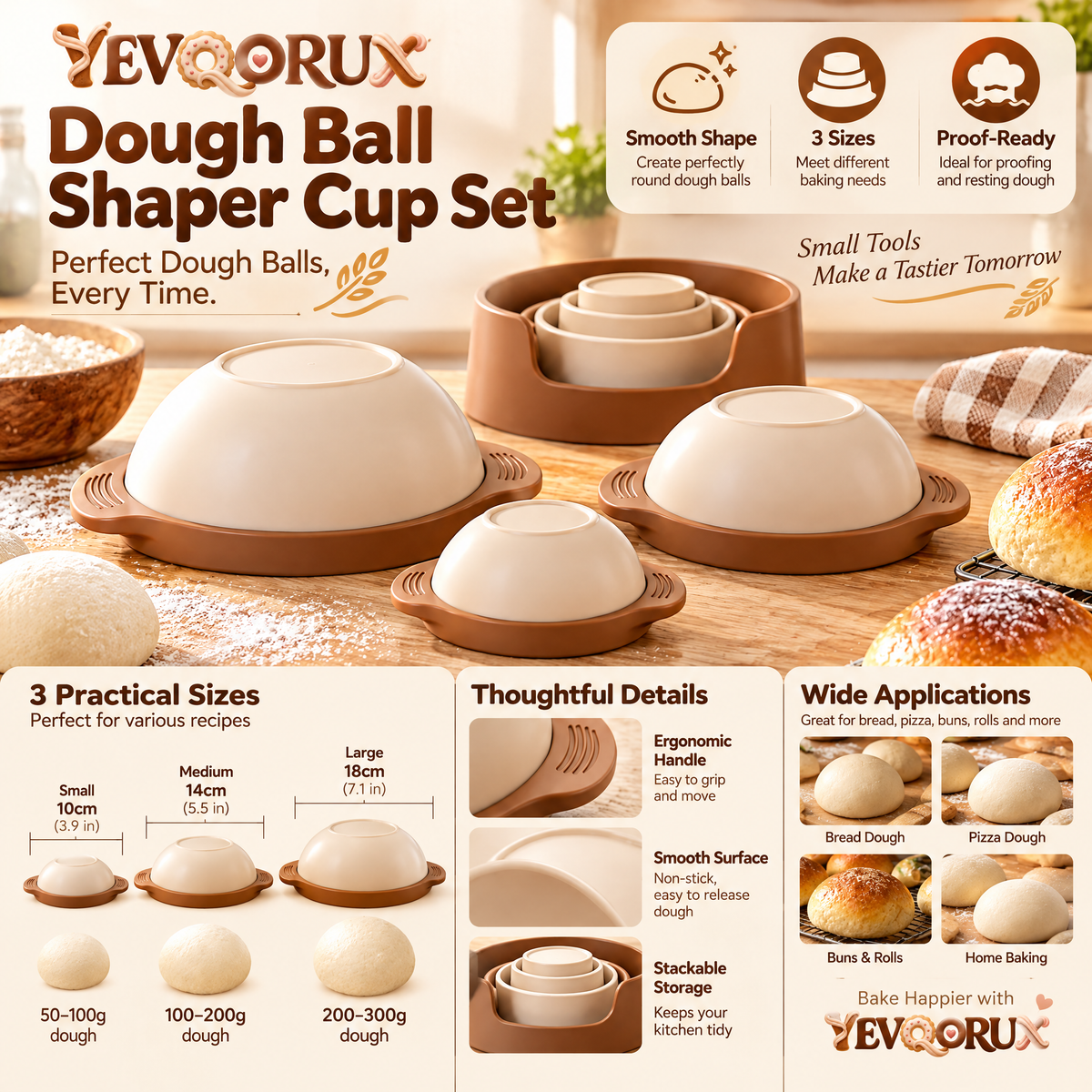 YEVQORUX 3-Size Dough Ball Shaper Cup Set with Nesting Holder – Manual Bread Roll & Pizza Dough Rounding Tools