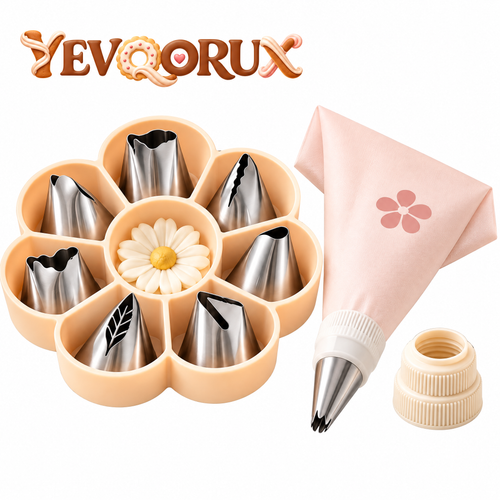 YEVQORUX Petal Bloom Cake Decorating Kit with 7 Flower Piping Tips, Flower Nail, Reusable Pastry Bag & Organizer Tray