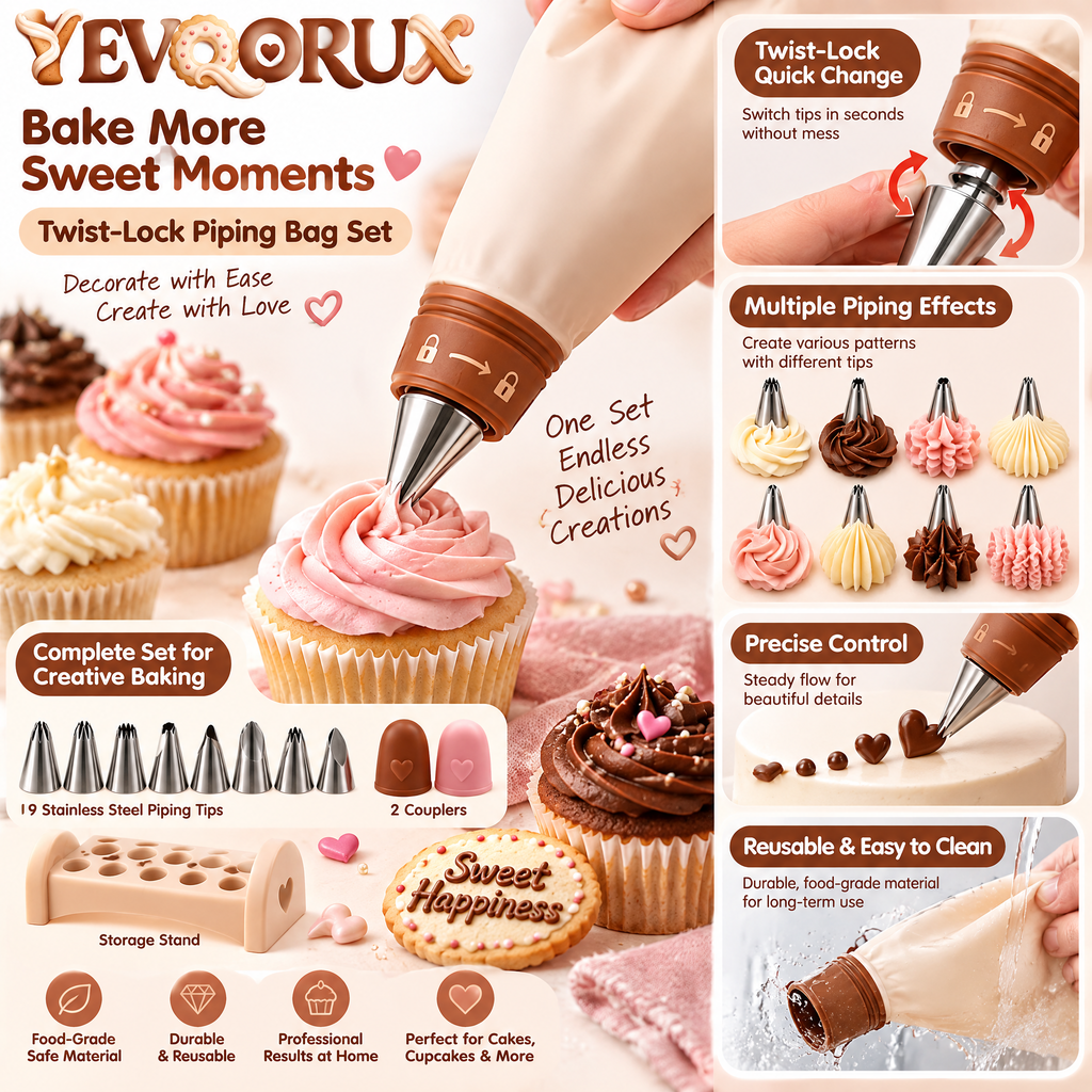 YEVQORUX Twist-Lock Reusable Piping Bag Set with 8 Icing Tips, Quick-Change Coupler & Tip Stand for Cake Decorating