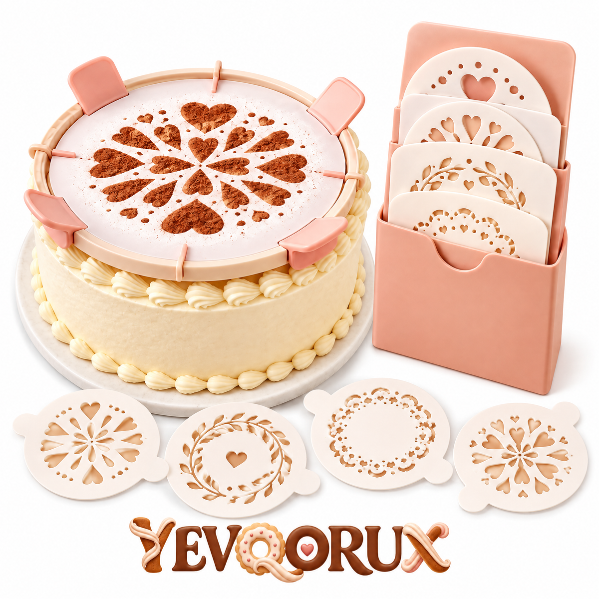 YEVQORUX Cake Decorating Stencil Frame Kit with 4 Reusable Pattern Sheets, Lift Tabs & Center Guides for Cakes and Cookies