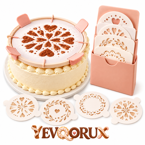 YEVQORUX Cake Decorating Stencil Frame Kit with 4 Reusable Pattern Sheets, Lift Tabs & Center Guides for Cakes and Cookies