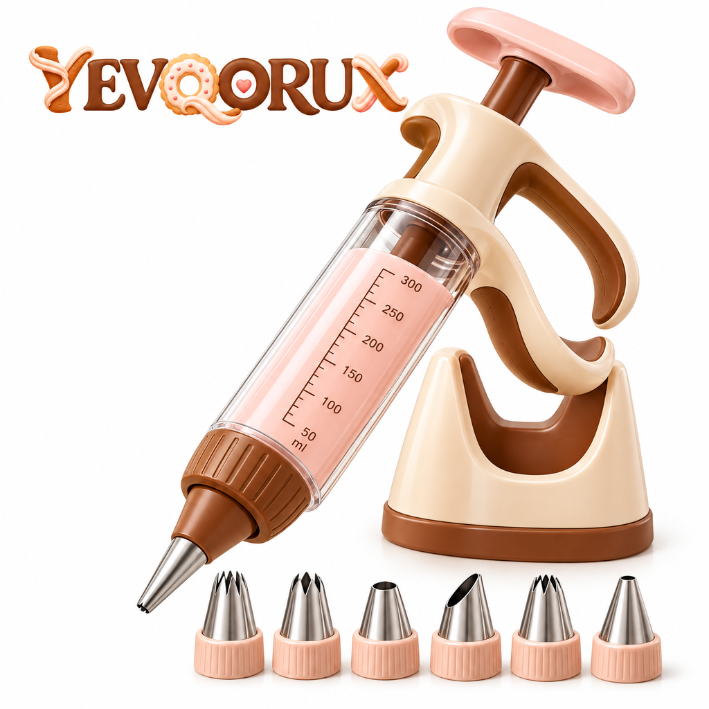 YEVQORUX Manual Icing Syringe Decorating Kit with 6 Piping Tips, Easy-Grip Frosting Dispenser & Stand for Cupcakes and Cookies