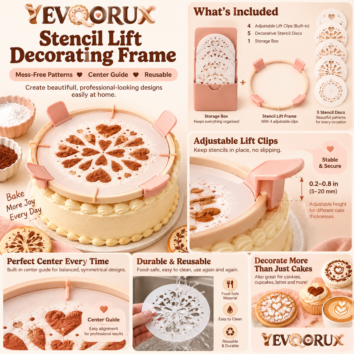 YEVQORUX Cake Decorating Stencil Frame Kit with 4 Reusable Pattern Sheets, Lift Tabs & Center Guides for Cakes and Cookies