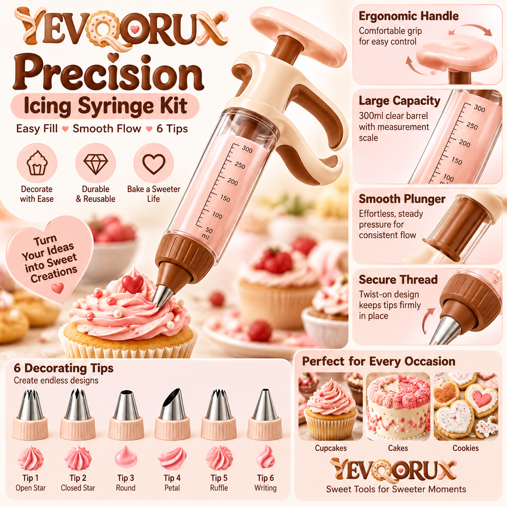 YEVQORUX Manual Icing Syringe Decorating Kit with 6 Piping Tips, Easy-Grip Frosting Dispenser & Stand for Cupcakes and Cookies