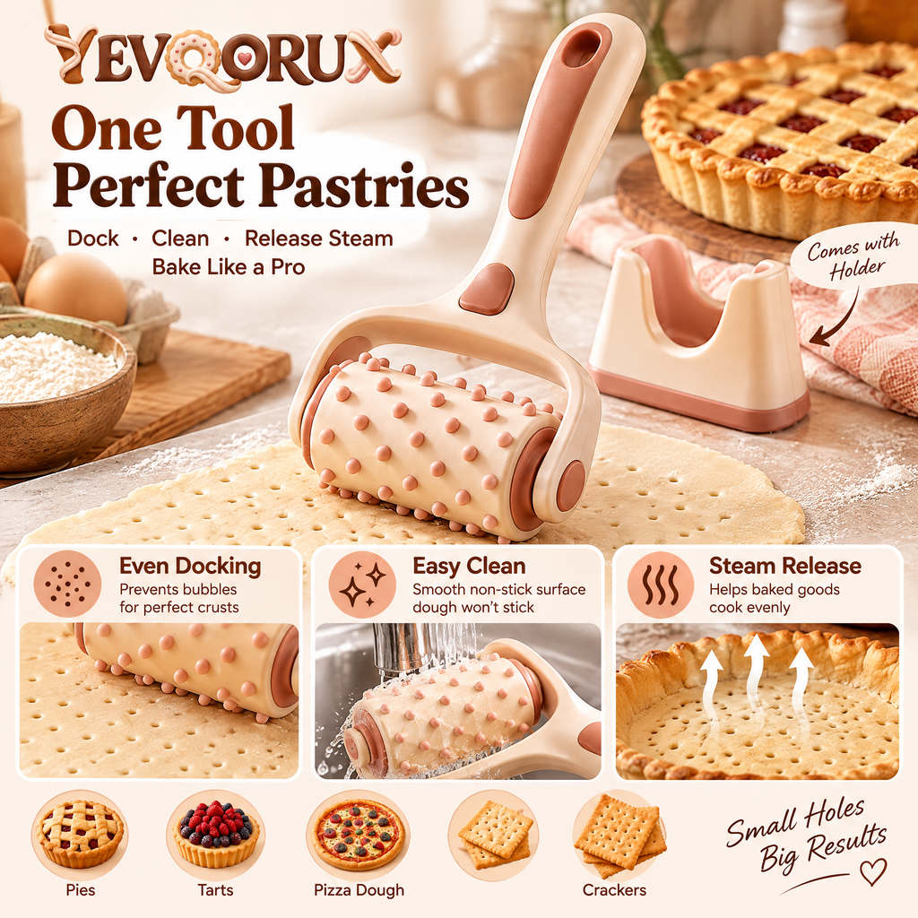 YEVQORUX Pastry Docker Roller with Easy-Grip Handle & Stand – Manual Dough Docking Tool for Pie Crust, Crackers and Flatbread