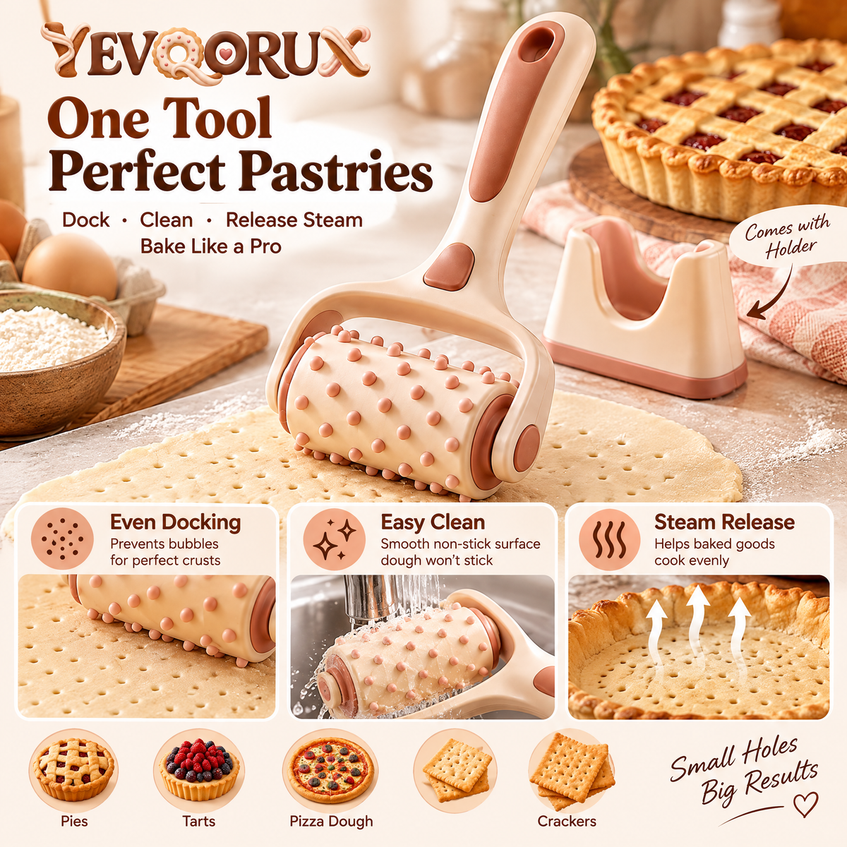 YEVQORUX Pastry Docker Roller with Easy-Grip Handle & Stand – Manual Dough Docking Tool for Pie Crust, Crackers and Flatbread