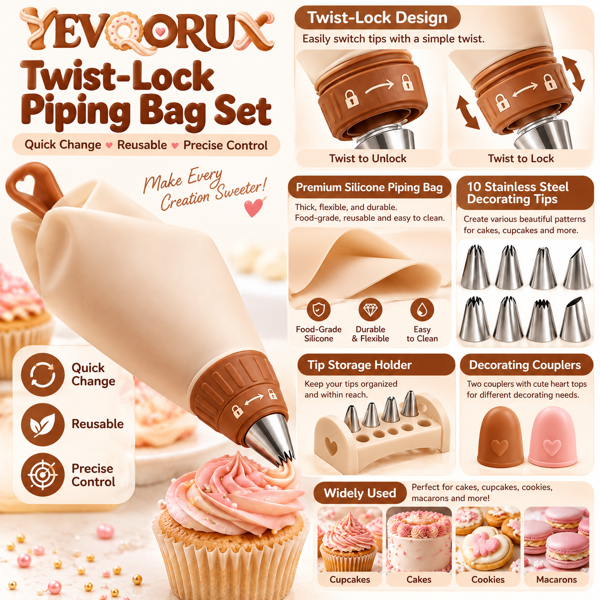 YEVQORUX Twist-Lock Reusable Piping Bag Set with 8 Icing Tips, Quick-Change Coupler & Tip Stand for Cake Decorating