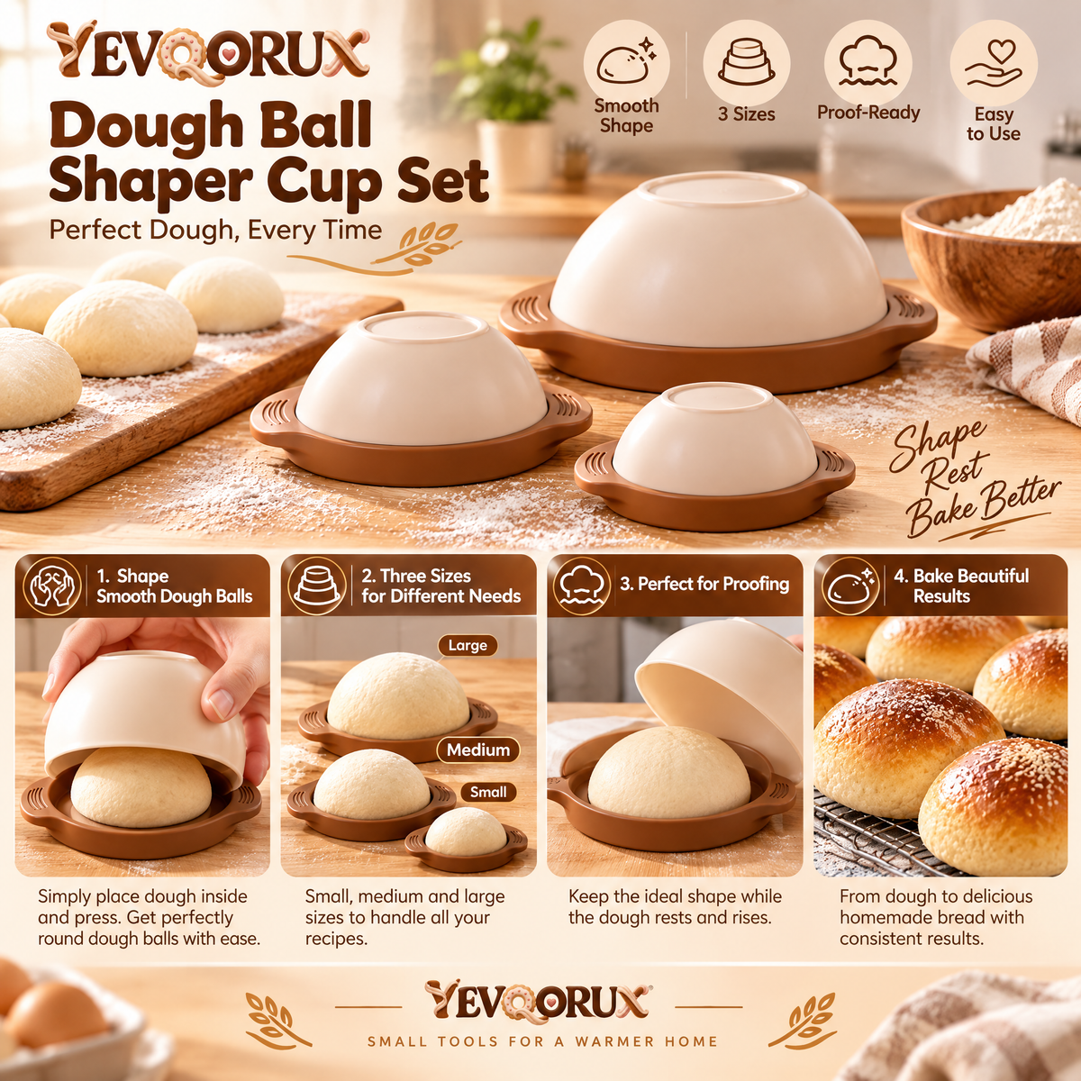 YEVQORUX 3-Size Dough Ball Shaper Cup Set with Nesting Holder – Manual Bread Roll & Pizza Dough Rounding Tools