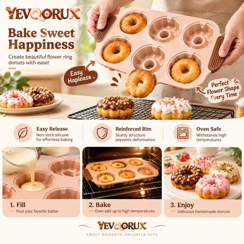 YEVQORUX 6-Cavity Flower Donut Silicone Baking Mold Set with Drizzle Cup - Cake Donut Pan