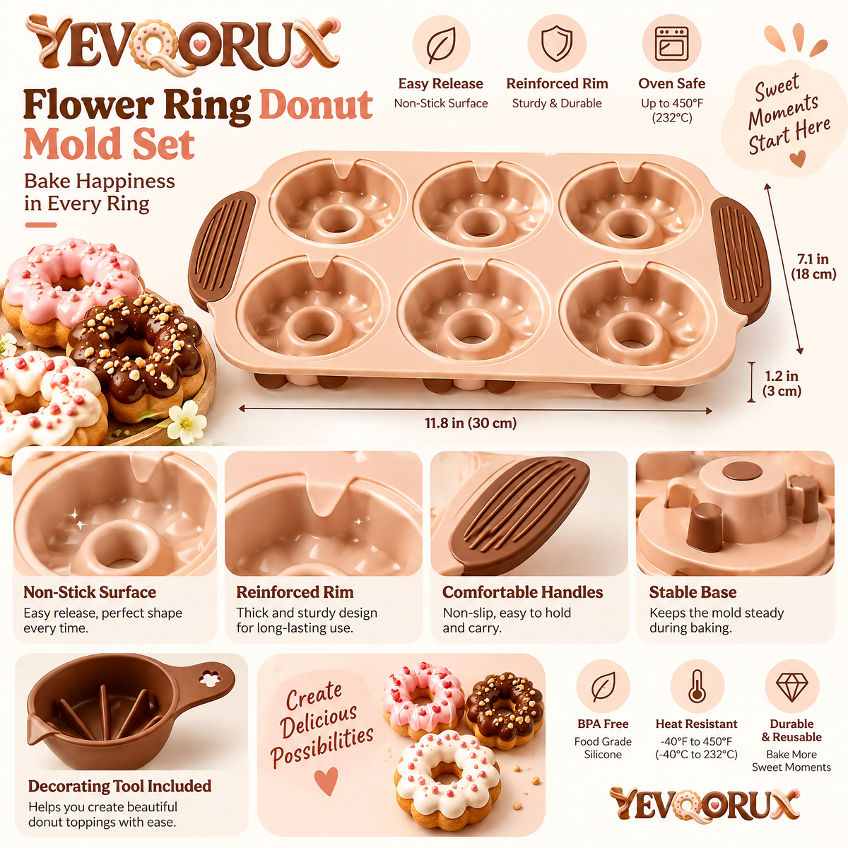 YEVQORUX 6-Cavity Flower Donut Silicone Baking Mold Set with Drizzle Cup - Cake Donut Pan