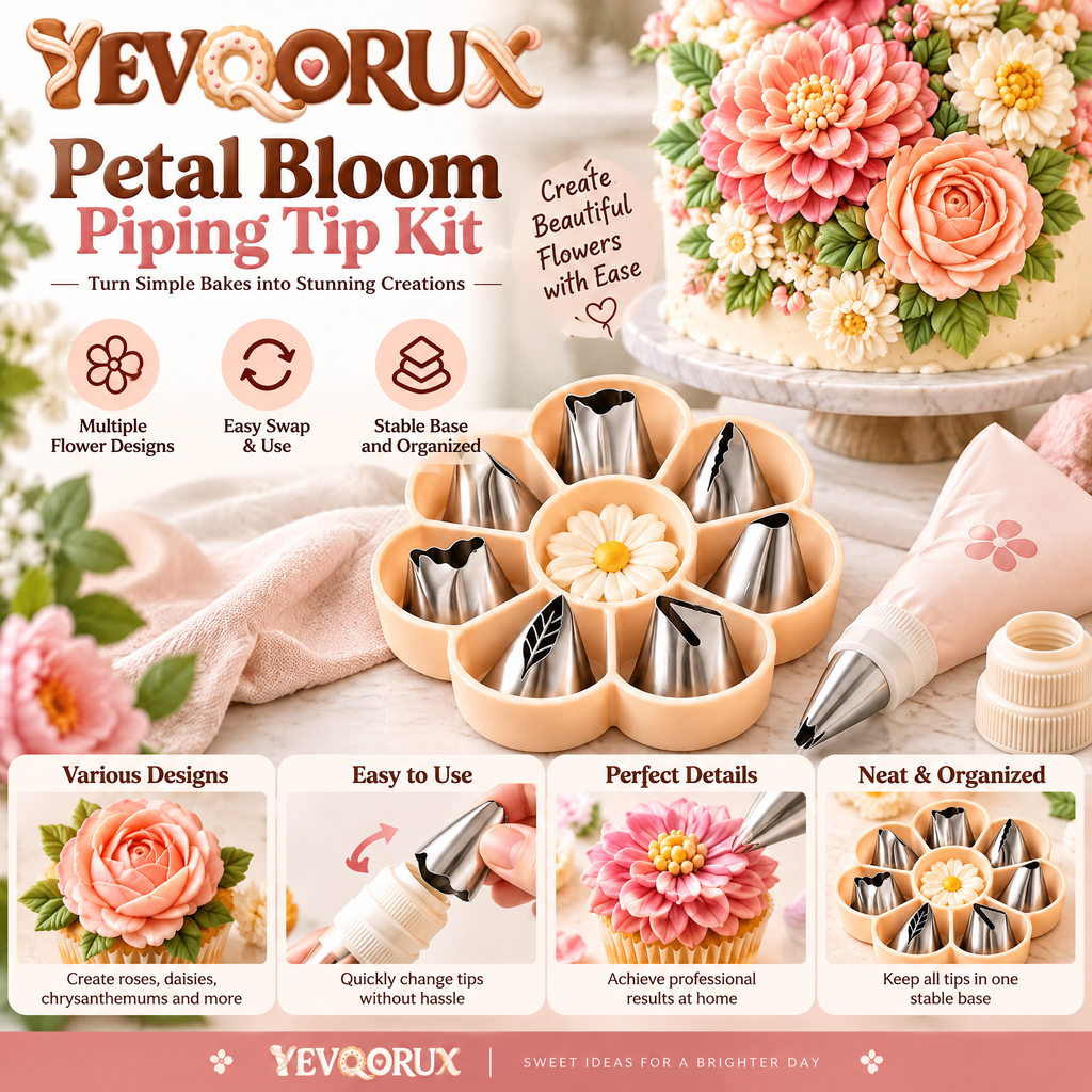 YEVQORUX Petal Bloom Cake Decorating Kit with 7 Flower Piping Tips, Flower Nail, Reusable Pastry Bag & Organizer Tray