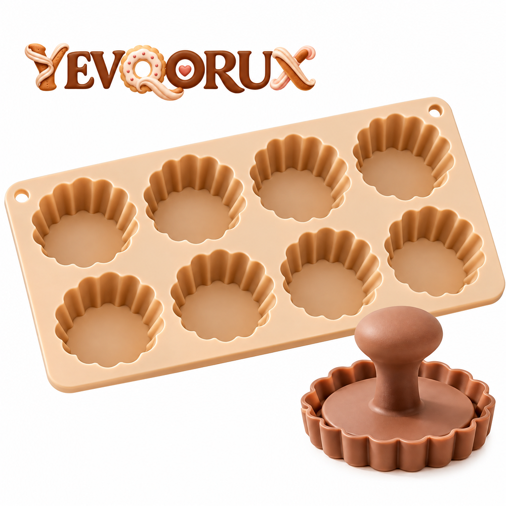 YEVQORUX 8-Cavity Fluted Tartlet Silicone Mold Set with Pastry Press - Mini Tart & Pie Shell Pan