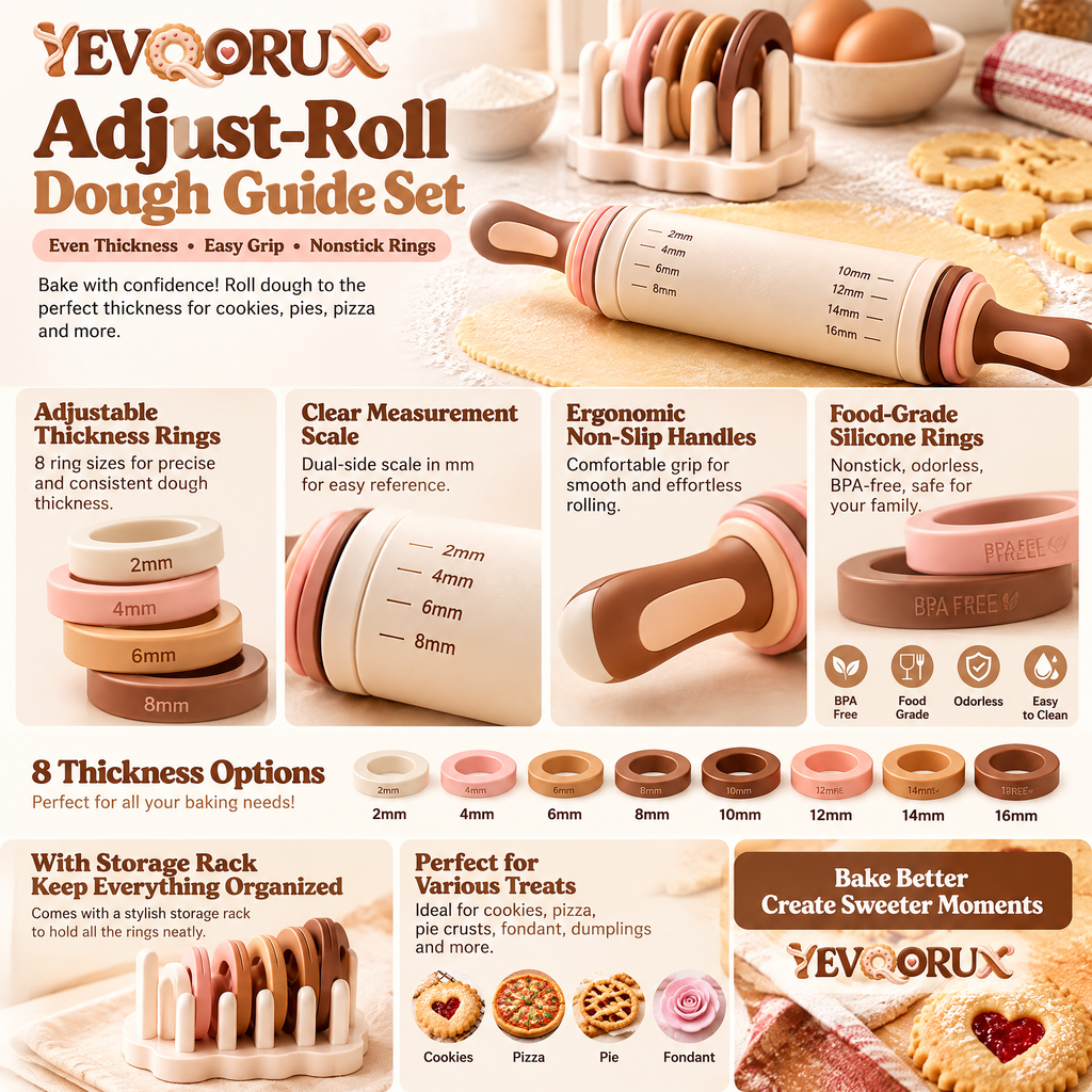 YEVQORUX Adjustable Rolling Pin with Thickness Guide Rings & Holder – Dough Roller for Cookies, Pie Crust and Pastry